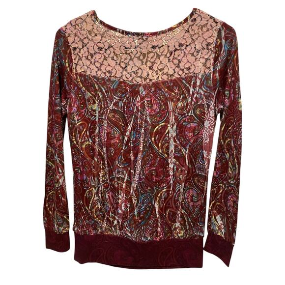 Forever 21 Paisley Long Sleeve Blouse Small Purple Lace Colorful Boho Hippie Art - Picture 2 of 5